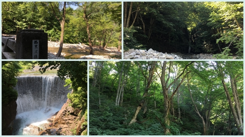 「西黒沢橋の奥に見える小さな滝」、 「まるでジブリの世界のような林」、 「湯檜曽川にかかる土合橋をのぞくと滝壺にラフティングを楽しむ観光客」、 「川ととても距離が近い西黒沢橋」