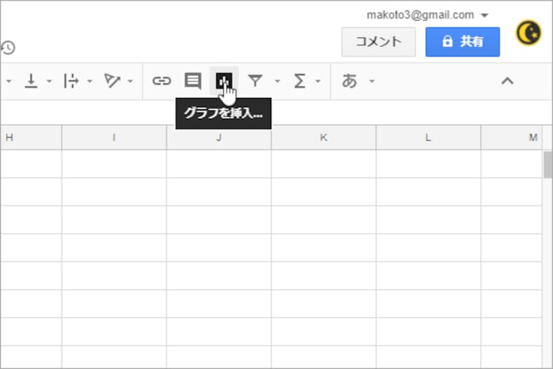 範囲を選択したら、ツールバーの［グラフを挿入］をクリックします。または、メニューで［挿入］－［グラフ］を選択してもかまいません