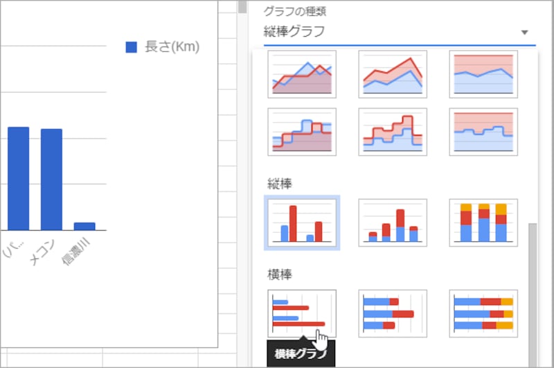 グラフの種類が一覧表示されるので、［横棒］を選択します