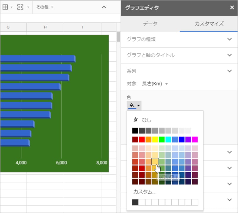 8.［系列］をクリックして設定項目を表示します。 9.［色］をクリックして色の一覧を表示します。 10.色をクリックして選択します