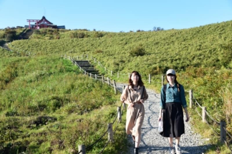高原のような風景が広がる駒ヶ岳山頂付近。左に見えるのは、箱根神社元宮