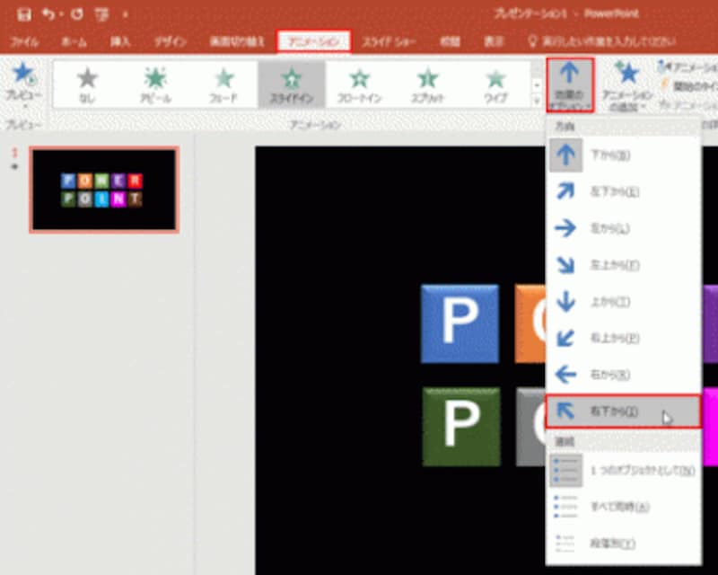 スライドのどの位置から文字が表示されるのかを設定する。「効果のオプション」は、元になるアニメーションの種類によって表示される内容が異なる。