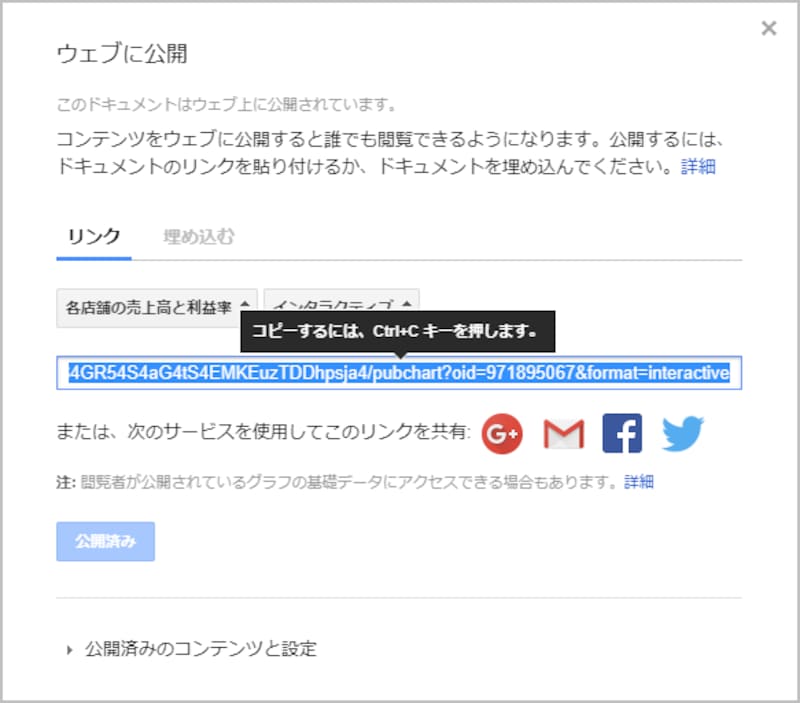 5.画面がこのように変化します。公開されたグラフのURLが選択状態になるので、［Ctrl］+［C］キーを押してクリップボードにコピーしてください。そして、コピーしたURLは、グラフを見せたい相手にメールやLINEなどで教えてください（知らせる手段は何でもかまいません）