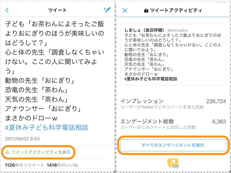 (左)［ツイートアクティビティ］をクリック。(右)ツイートアクティビティの中の［すべてのエンゲージメント］をタップ