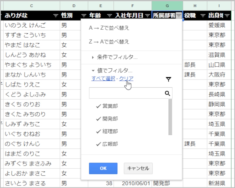 1.「所属部署」のフィルタアイコンをクリックしてメニューを表示します。 2.［値でフィルタ］の［クリア］をクリックします。