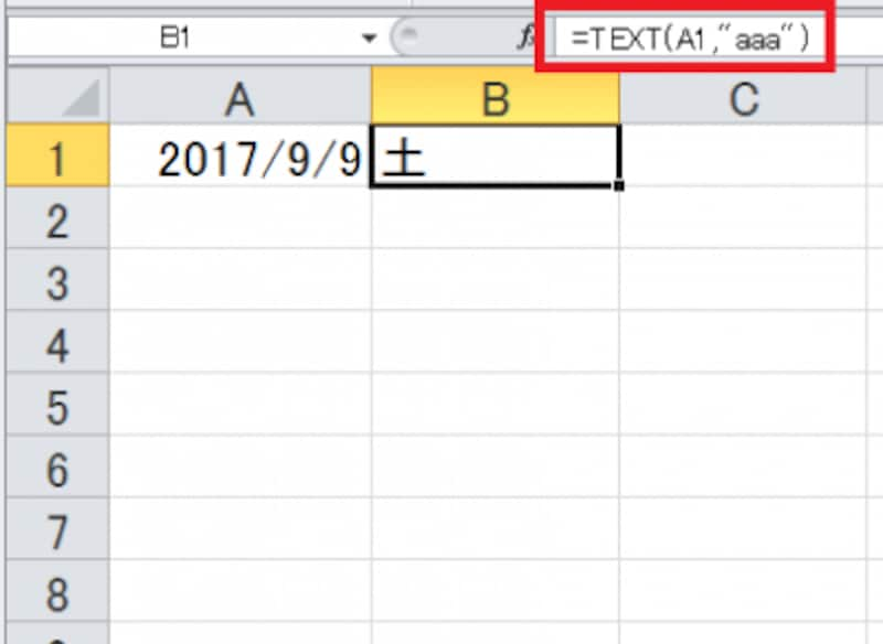 B1セルに「=TEXT(A1,&quot;aaa&quot;)と入力