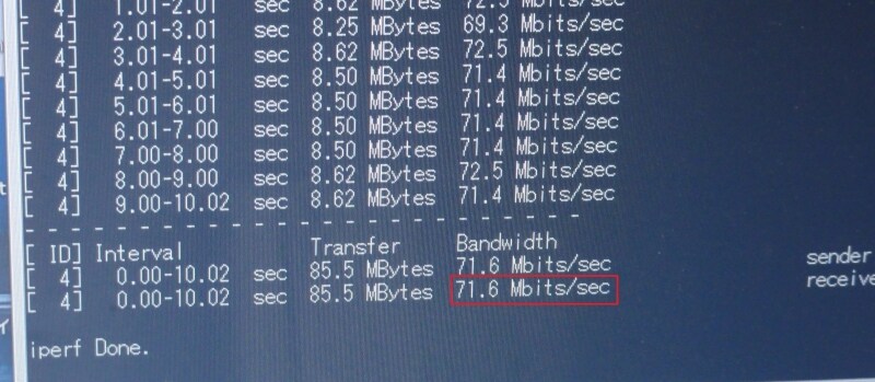 ノートパソコンのiperf3測定結果