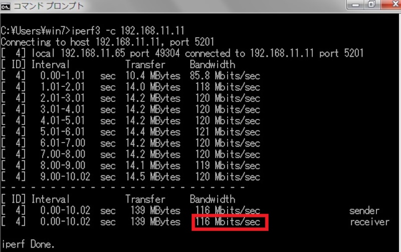 ノートパソコンのiperf3測定結果