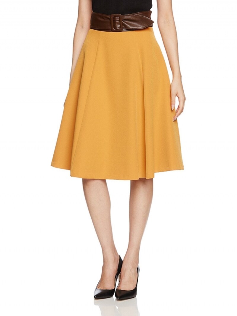 マスタードイエローのフレアスカート (トランテアン ソン ドゥ モード)31 Sons de mode サッシュベルト付フレアスカート