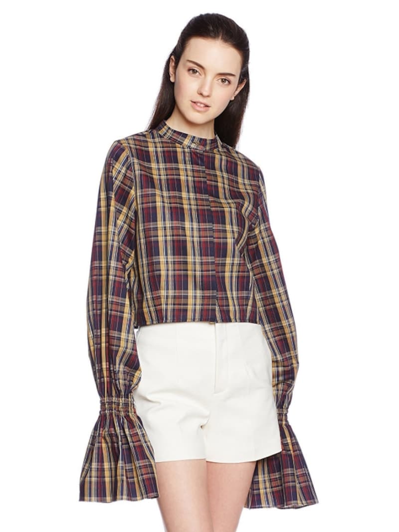 チェック柄のパフスリーブシャツ (エリン)ELIN Plaid puff slve shirt