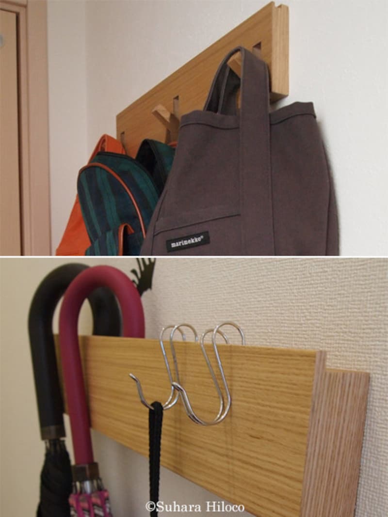 3連フックタイプ(上)と長押タイプ(下)ともに、厚みがないので玄関や廊下などの壁が有効に使える