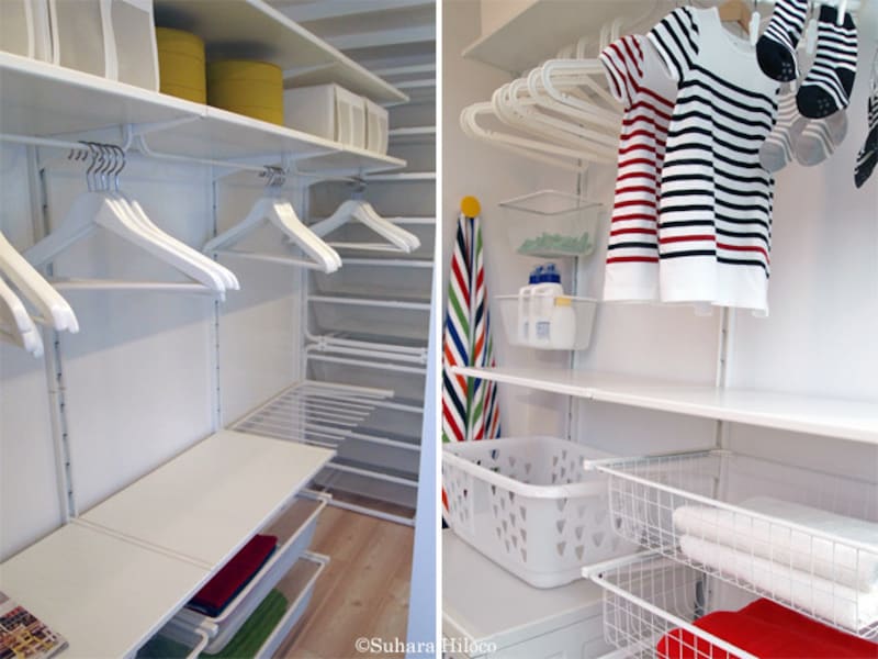 古い押し入れを解体して、壁柱とパーツを組み合わせてクローゼットに改造した例(左)。洗面所の壁を使って洗濯と収納コーナーに(右)