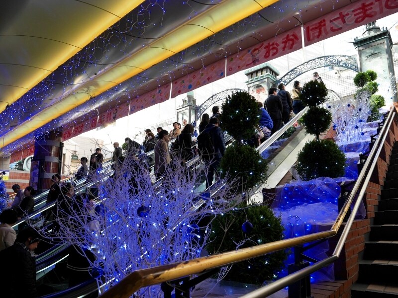 エスカレーターの脇にもツリーや木のイルミネーションがきらめきます（2017年11月17日撮影）