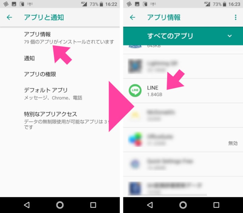 「アプリと通知」から「アプリ情報」を選択。「LINE」をタップする