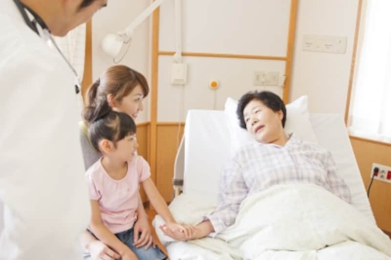 入院中の祖母を見舞う親子と医師