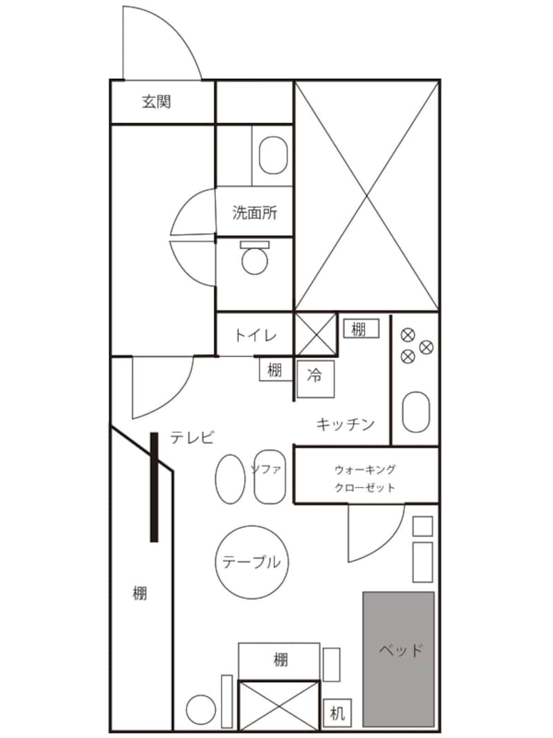 一人暮らしの間取り図（1K＋WC）。リノベーション済。都心のビジネス街にあるマンション