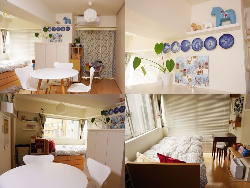 一人暮らしの部屋実例。白や木製品を基調としつつも、カラフルな雑貨や家具を取り入れた北欧風のインテリア