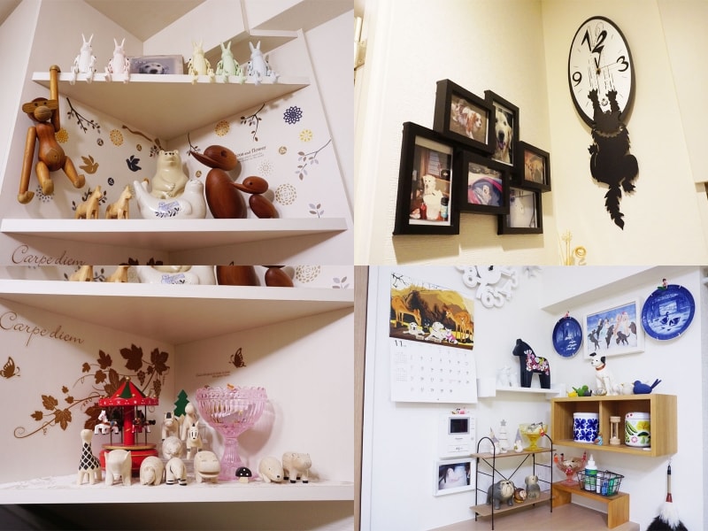 一人暮らしの部屋、ディスプレイの実例。（左上・左下）飾り棚には動物たちがたくさん並んでいて、愉快な雰囲気。（右上）これまで飼っていた愛犬の写真も並ぶ。（右下）この中には愛犬ジャスミンによく似たオブジェも