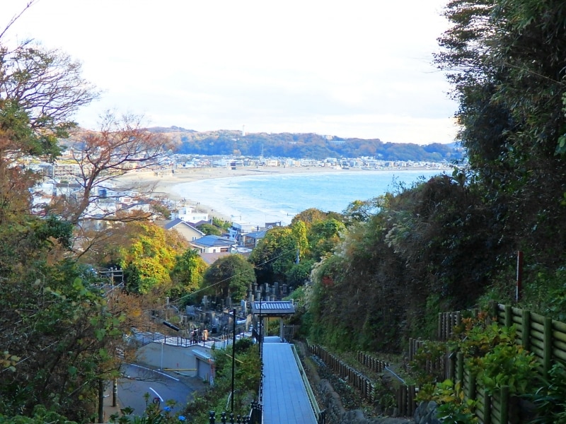 成就院の石段の上から見晴らす海