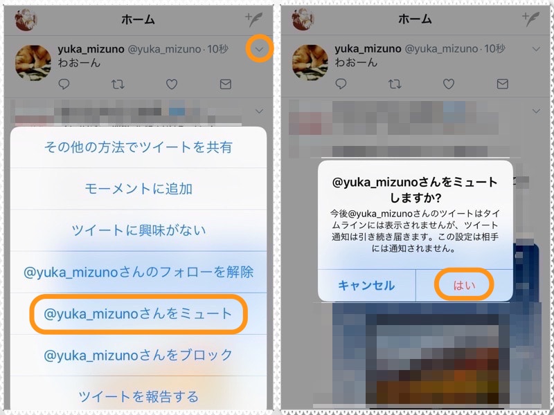 (左)［∨］をタップして［@～～さんをミュート］をタップ。(右)［はい」をタップ