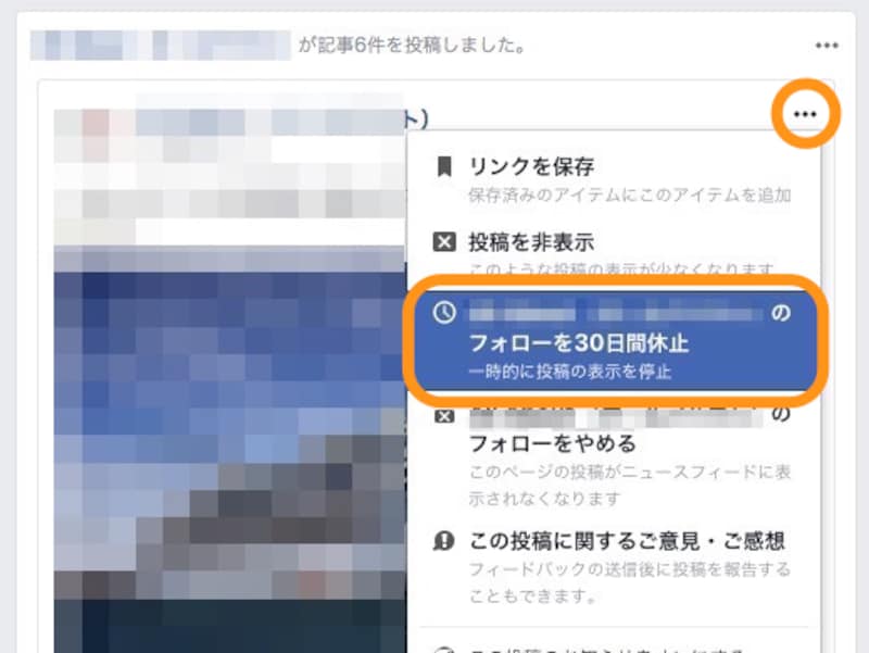 投稿の右上にある［…］をクリックして［○○のフォローを30日間休止］を選択