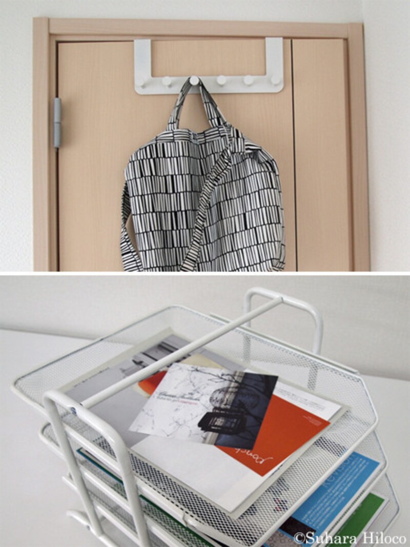 部屋が片付かない原因別・おすすめ収納:ドア上部にはめ込んで使うハンガーフックは工具が不要で取り付けやすい。レタートレイは数段に分かれていると仕分けが簡単。どちらもIKEAで手に入る