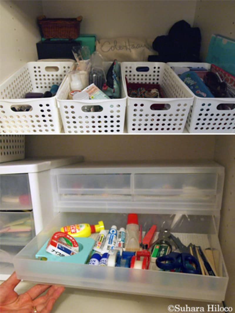 部屋が片付かない原因別・おすすめ収納:使いたいときには入れ物ごと取り出すことができる。引き出しに細かいモノをしまうときには、浅いタイプや幅の狭いタイプを使うといい。グッズは100円ショップや無印良品、ニトリなどで見つかるから入手しやすい
