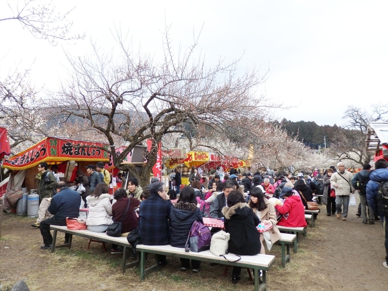 露天がベンチを取り囲む屋台村