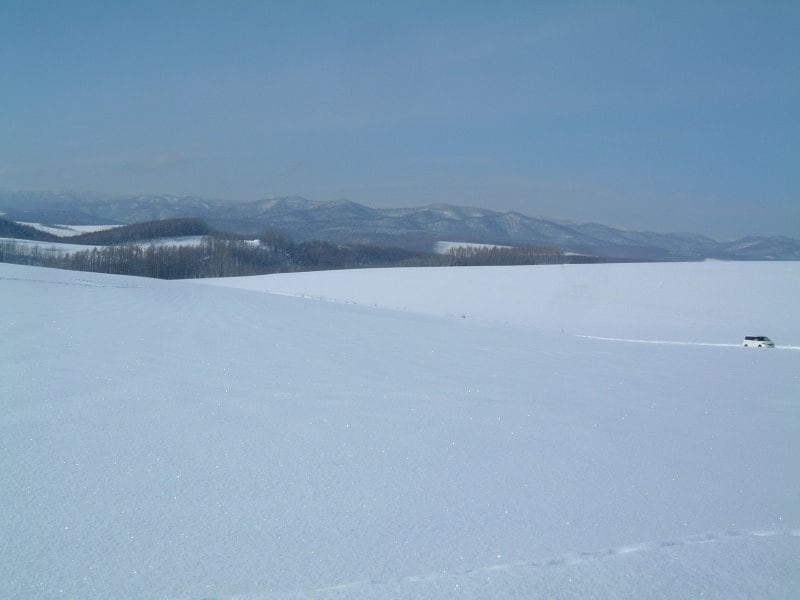 雪に包まれた丘がいくつも連なる冬の美瑛