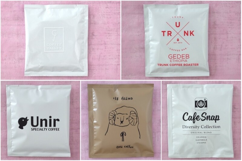 CafeSnap Diversity Collection (左上から時計回り、COFFEE VALLEY、TRUNK COFFEE、CafeSnap by GLAUBELL COFFEE、BASE COFFEE、Unir)