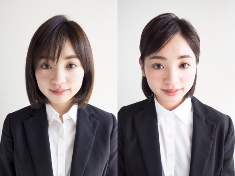 （左）きちんとブローをしたダウンスタイルボブ、（右）両耳を出したハーフアップボブ