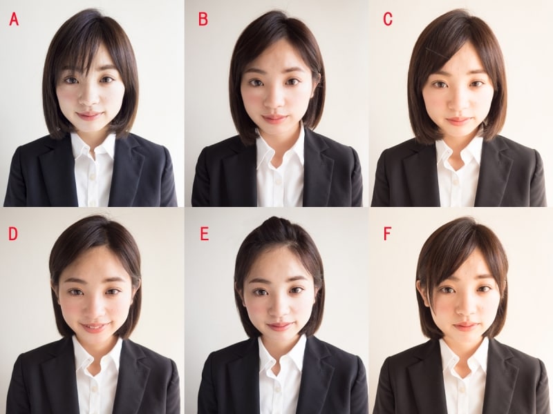 AからFまで前髪のバリエーションを比較。これだけでもかなり印象が変わります
