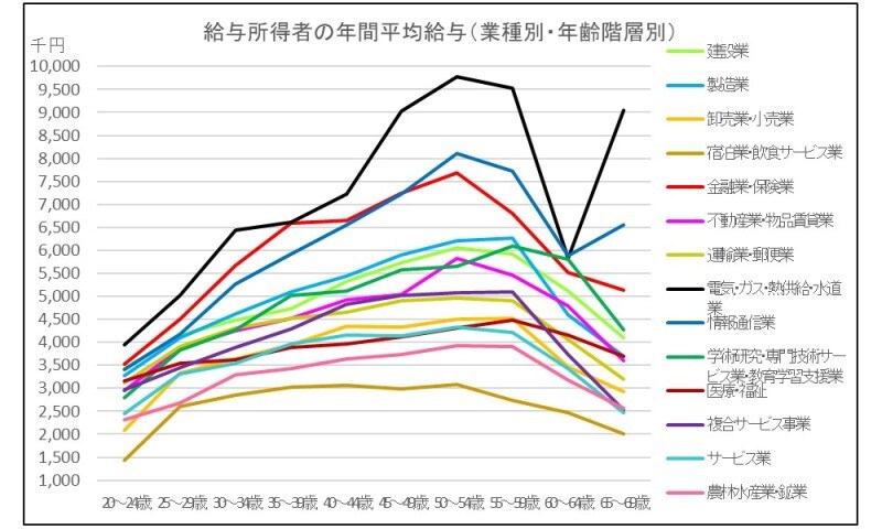 給与所得者,年間平均給与,業種別,年齢階層別