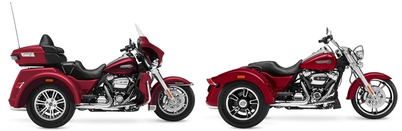 三輪のハーレーダビッドソン、トライグライドウルトラ（左）とフリーウィーラー（左）