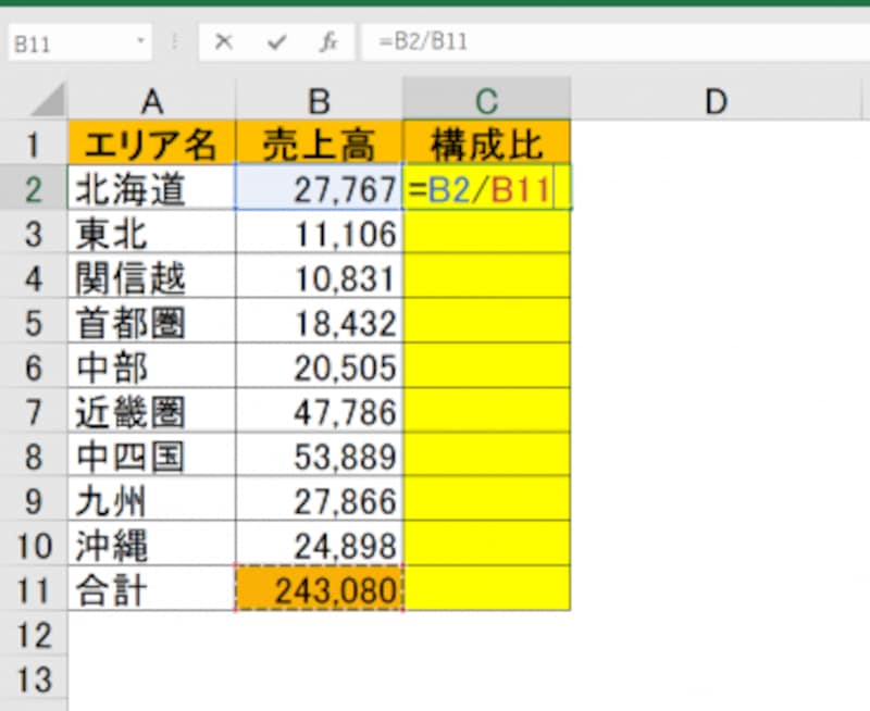 C2セルに数式を入力