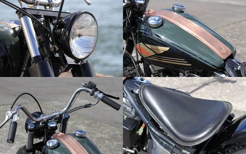 1950年代に流行したボバースタイルを再現するディテールから成る一台。パーツチョイスはもちろん細かな配慮による取り付けによってマシンの完成度が高められている