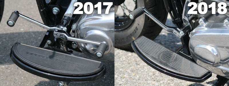 左がシーソーペダル、右が今回のソフテイルスリムのペダル。ご覧のとおり、カカトでギアチェンジできることからシューズやブーツを痛めない優れものとして愛用されてきたのが、今回このソフテイルスリムだけ片側仕様に。これは明らかにグレードダウン