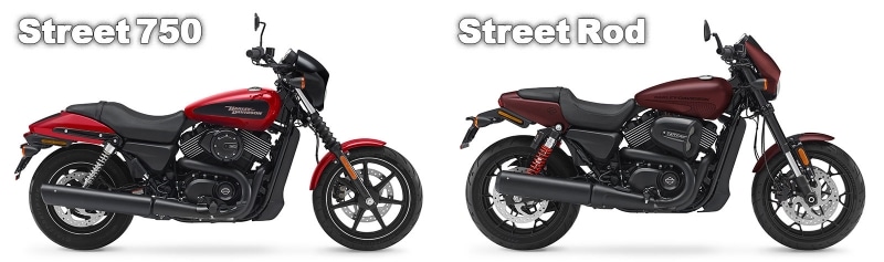 左がベースモデルであるストリート750、右がストリートロッド。クルーザー感が残る前者に対して、より前傾姿勢のライディングフォームがイメージされるスタイルに進化している
