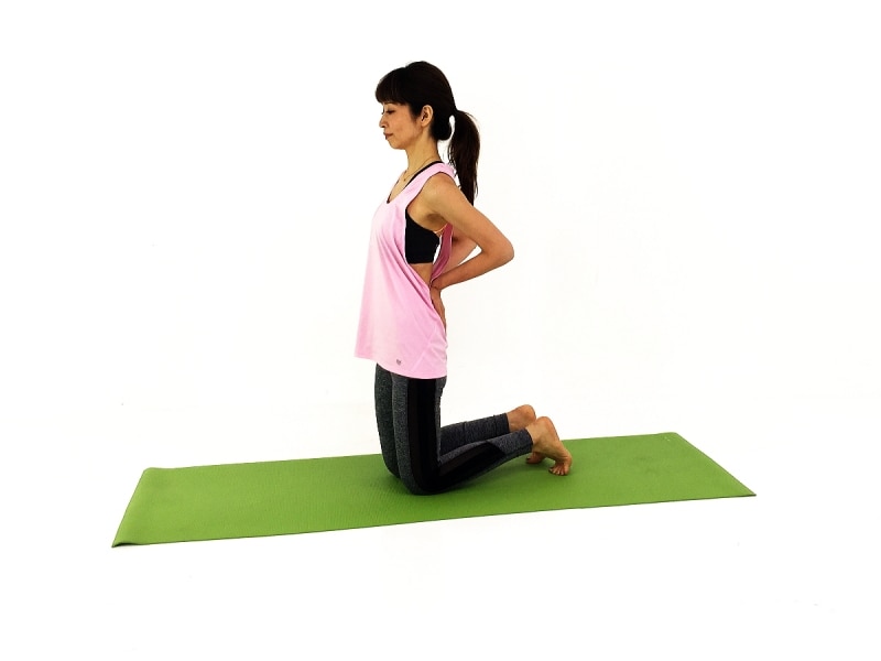 ウシュトラーサナ1undefined膝立ち姿勢になり両手で腰を前に押し出し、体幹を安定させます