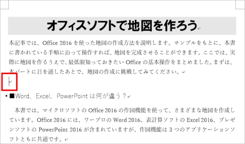 目次を挿入したい位置にカーソルを置きます。ここでは、表題（タイトル）とリード文の下に置きました