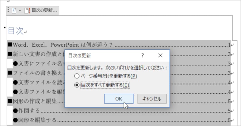 更新の方法を指定します。ここでは［目次すべてを更新する］を指定して［OK］をクリックします。なお、ページ番号だけてよいなら、［ページ番号だけを更新する］を指定してください