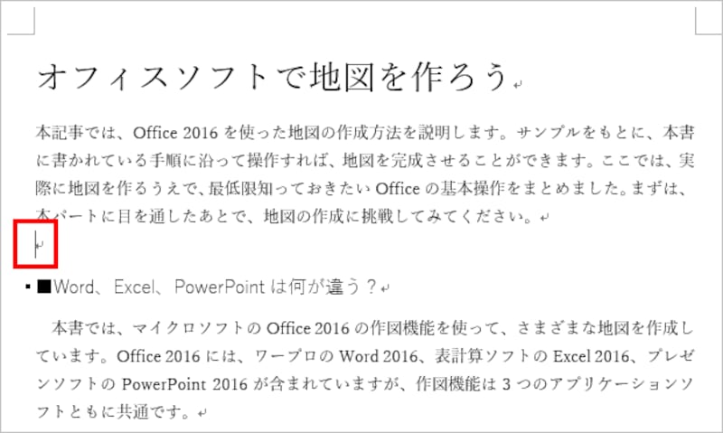 目次を挿入したい位置にカーソルを置きます。ここでは、表題（タイトル）とリード文の下に置きました