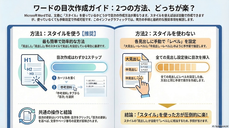 目次の追加方法、更新方法、削除方法、編集方法など目次機能の使い方を説明