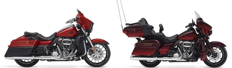 左がCVOストリートグライド、右がCVOウルトラリミテッド。旅バイクとしては積載量に勝るリミテッドに軍配が上がるが、取り回しやすさはストリートグライドが秀でる。乗りやすさ重視も大事!