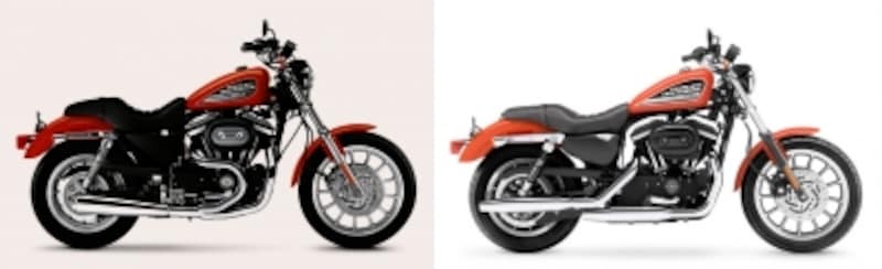 XL883Rの2003年式（左）と2005年式（右）を比較。コンセプトを同じとするモデルながら、2005年式の方が長い車体となっている。また重量も後年式モデルの方が30kgほど重い。スポーツバイクながら、後者はクルーザー型にシフトしている