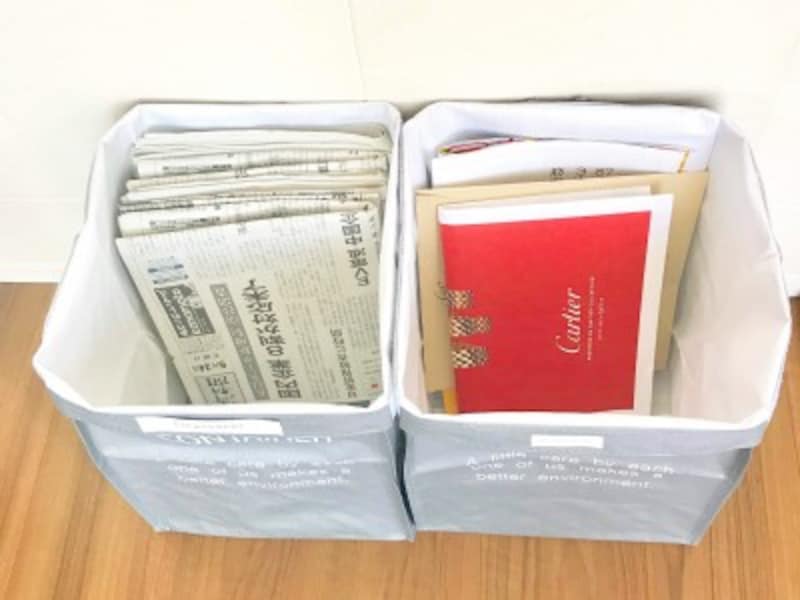 100均の収納ボックス活用実例：古新聞やミックスペーパーの分別保管に便利