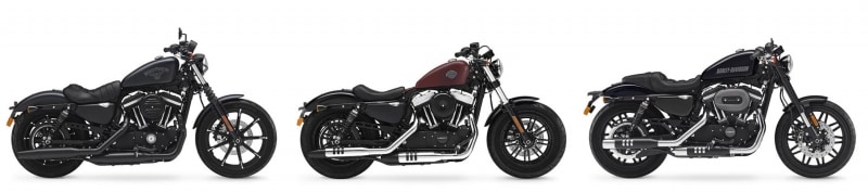 左からアイアン883、フォーティーエイト、ロードスター。前の2台と比べてもよりアグレッシブなバイクに仕上げられている