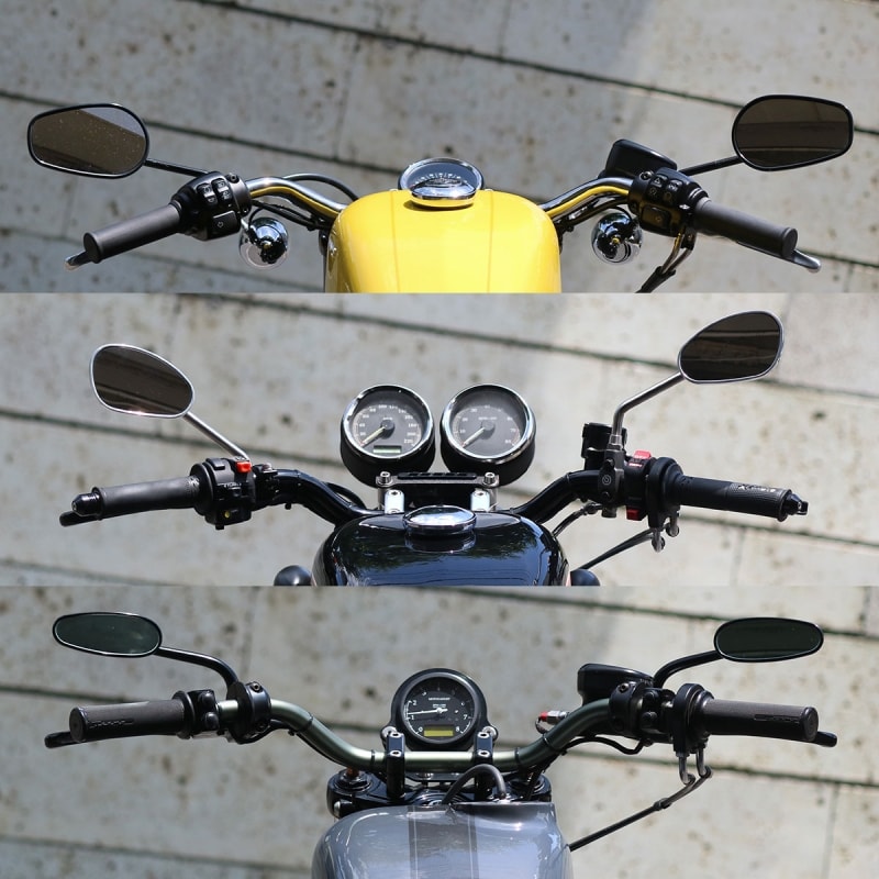 ハンドルバー比較。上からロードスター、国産用の短いハンドルバーを装着したスポーツスターXL883R、トラッカー風の幅広ハンドルバーを装着したスポーツスターXL1200R