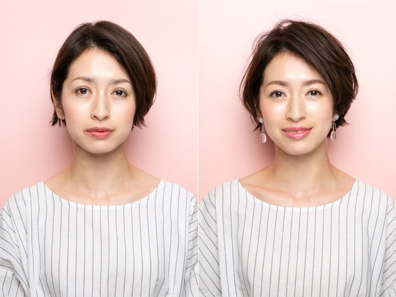 左が老けて見えるメイク、右が若見せメイク
