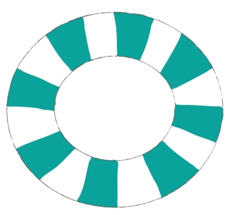 カラー/ストライプ模様の緑色の浮き輪です。